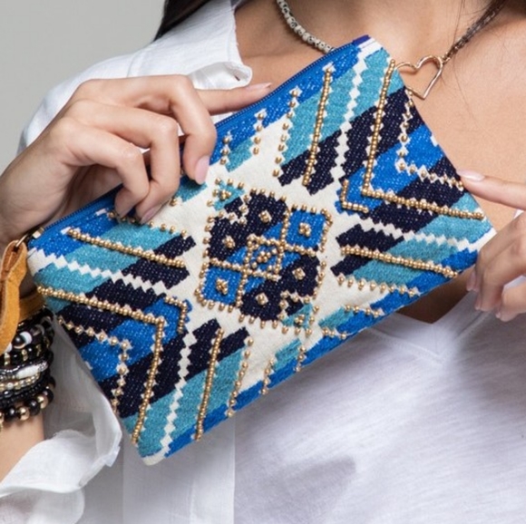 Handmade Hand Beaded Wristlet Clutch - Ethnic Inspired Design - Dyed Fine Cotton - Picture 1 of 7